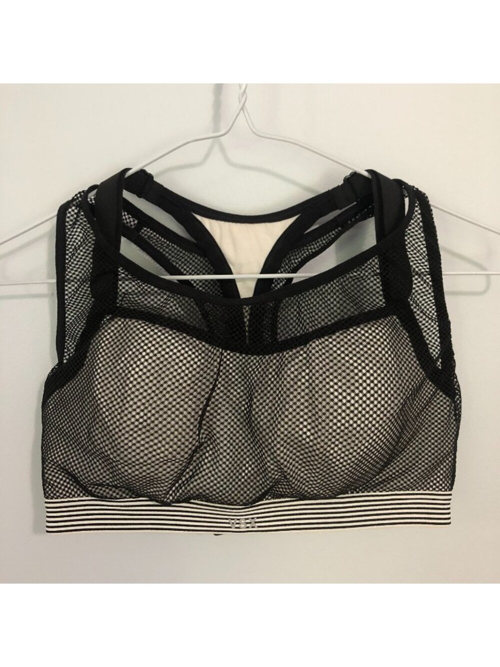Victoria’s Secret VSX Angel Mesh Sports Bra 34C Black White Sexy Racerback EUC